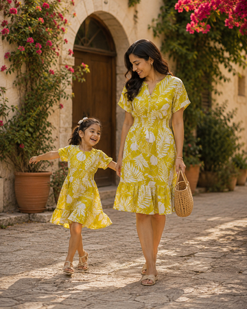 Mom & Daughter Tropical Yellow Floral Printed Matching Flared Dress Set with Tassel Tie-Up Detail