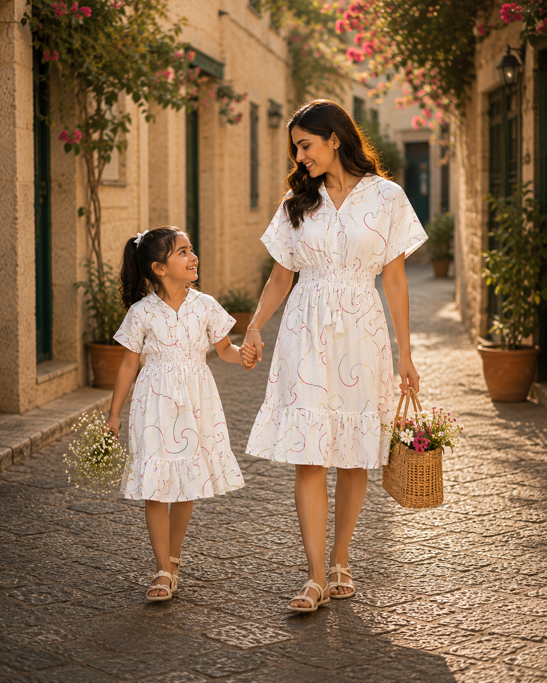 Mom & Daughter White Abstract Swirl Printed Matching Flared Dress Set with Tassel Tie-Up Detail