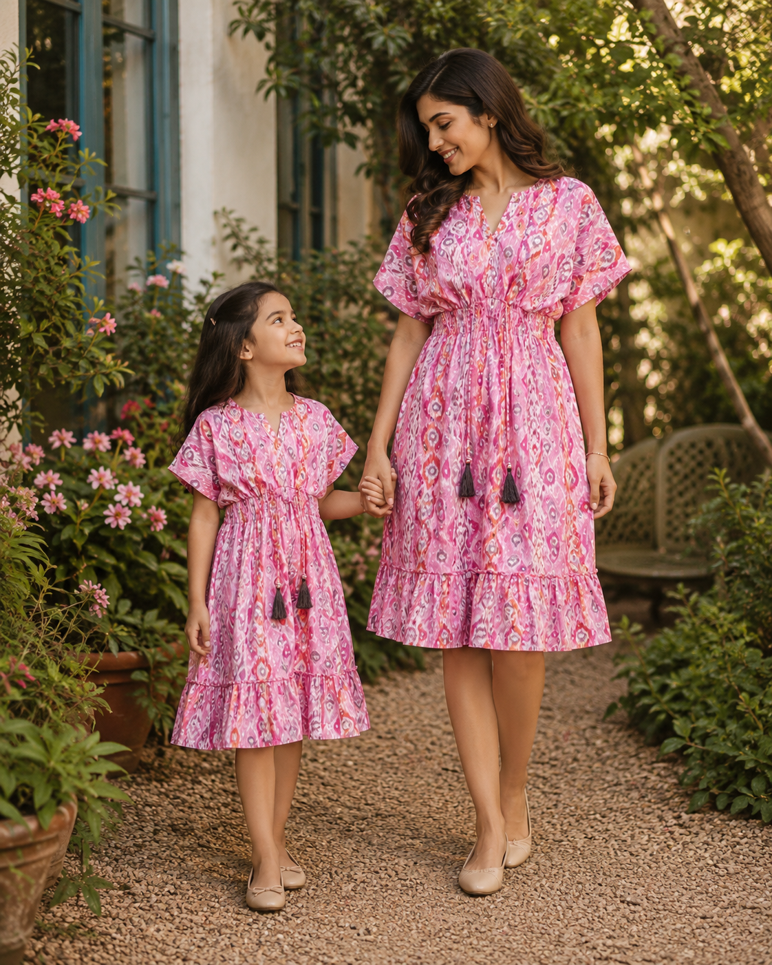 Mom & Daughter Pink Ikat Printed Matching Flared Dress Set with Tassel Tie-Up Detail