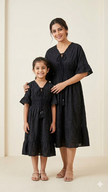 Mom & Daughter Black Embroidered Smocked Waist Matching Midi Dress Set with Tassel Tie-Up Detail