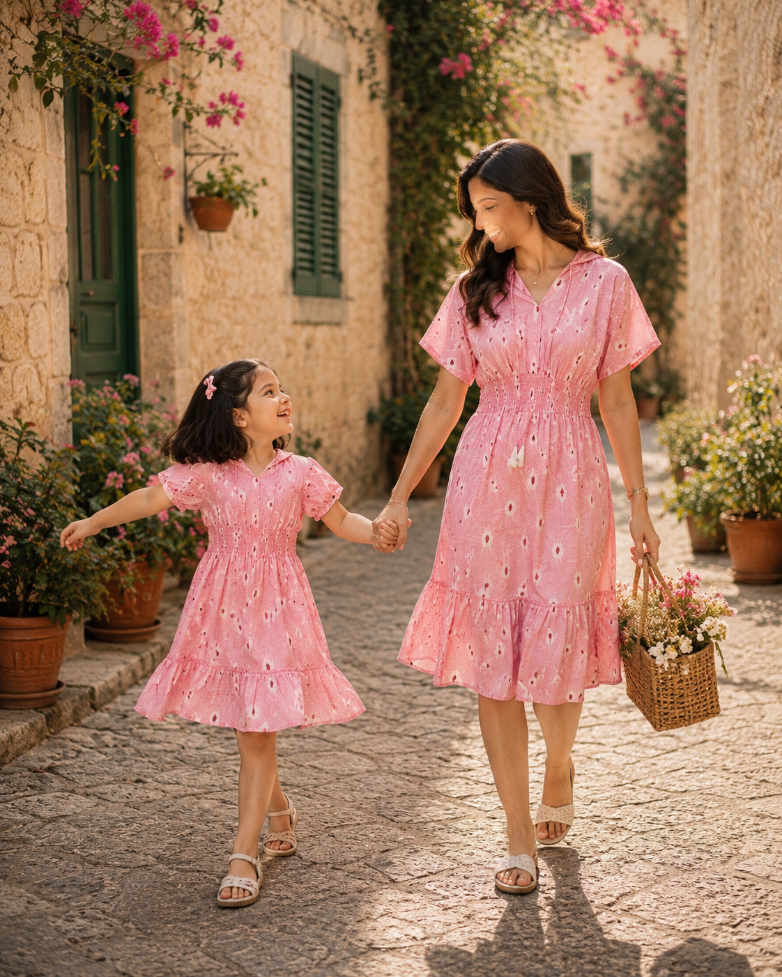 Mom & Daughter Blush Pink Floral Printed Matching Flared Dress Set with Tassel Tie-Up Detail