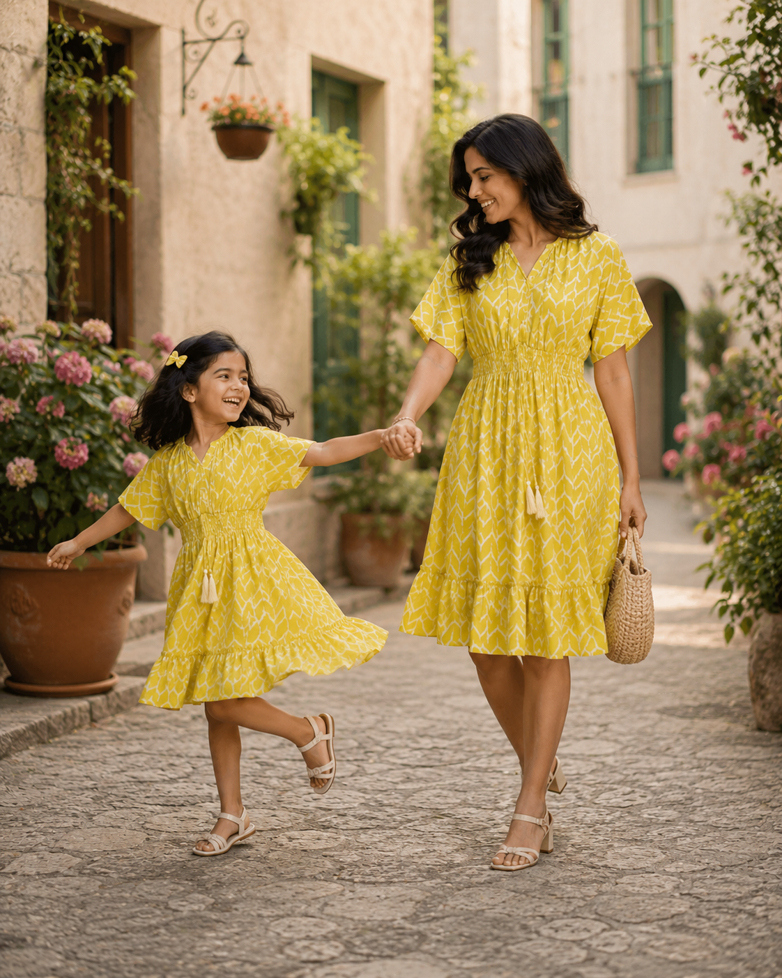 Mom & Daughter Sunshine Yellow Printed Matching Flared Dress Set with Tassel Tie-Up Detail