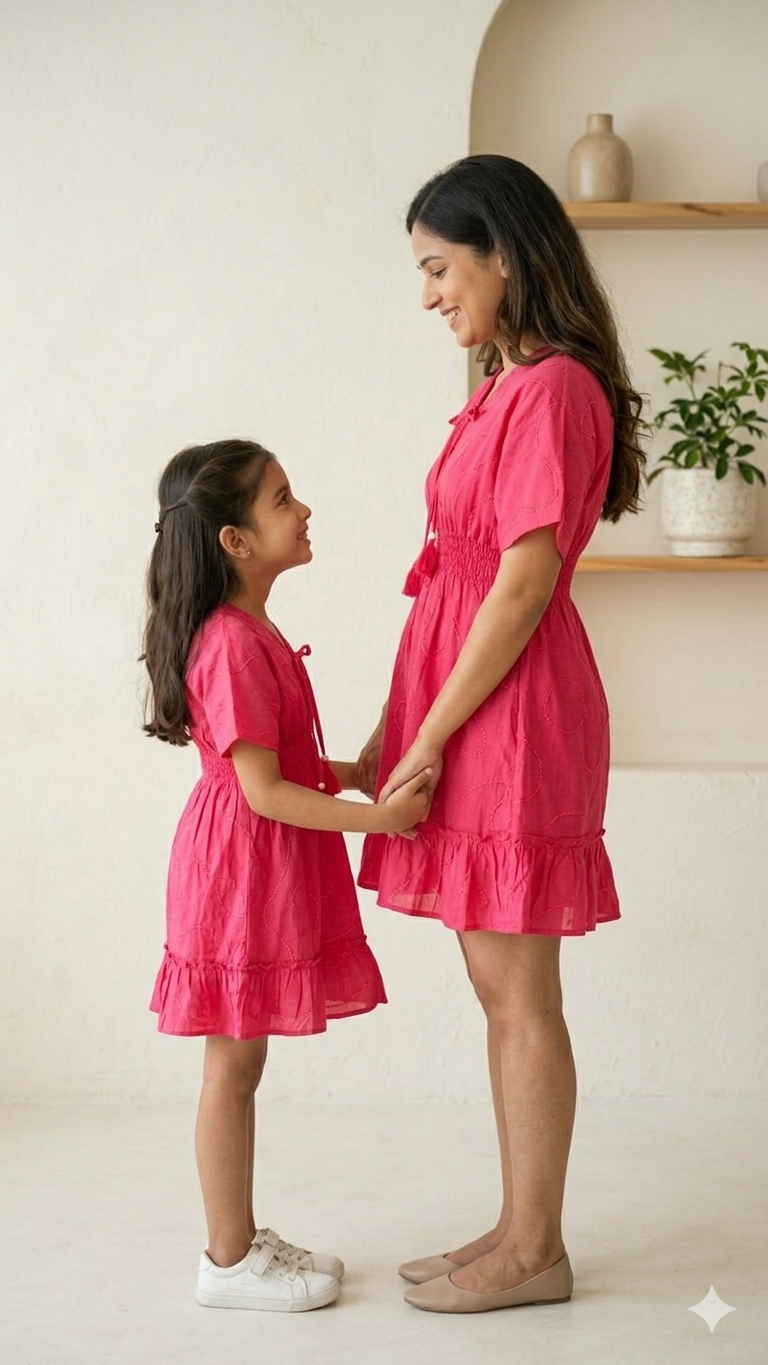 Mom & Daughter Pink Smocked Waist Matching Flared Dress Set with Tassel Tie-Up Detail