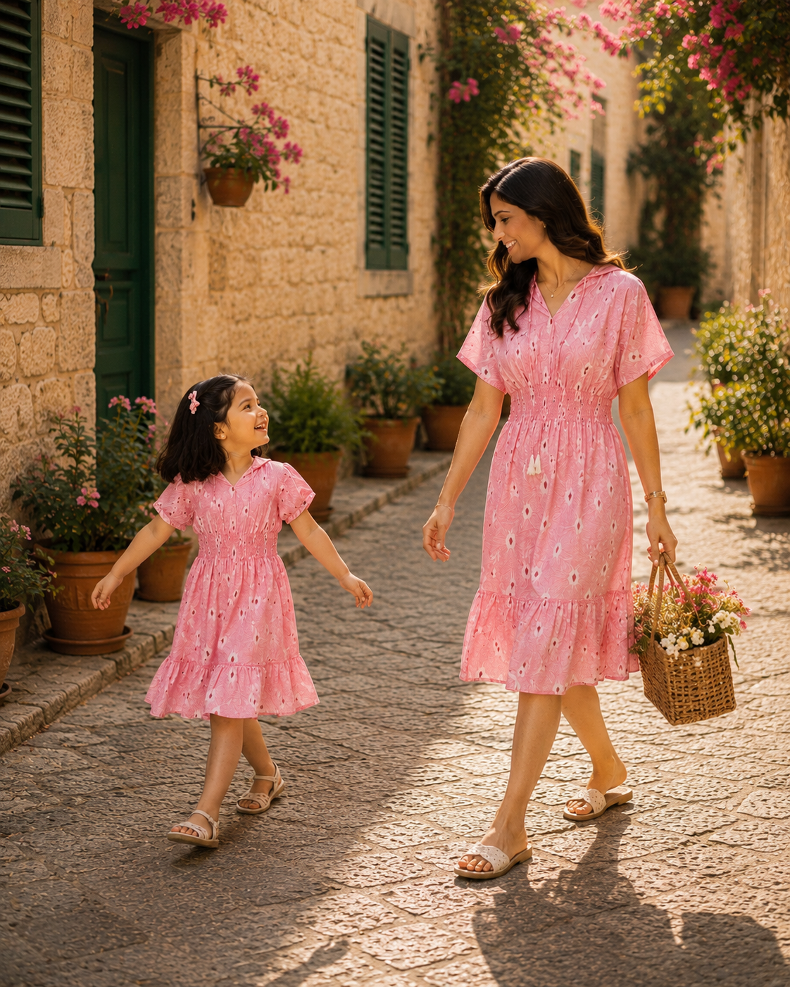 Mom & Daughter Blush Pink Floral Printed Matching Flared Dress Set with Tassel Tie-Up Detail