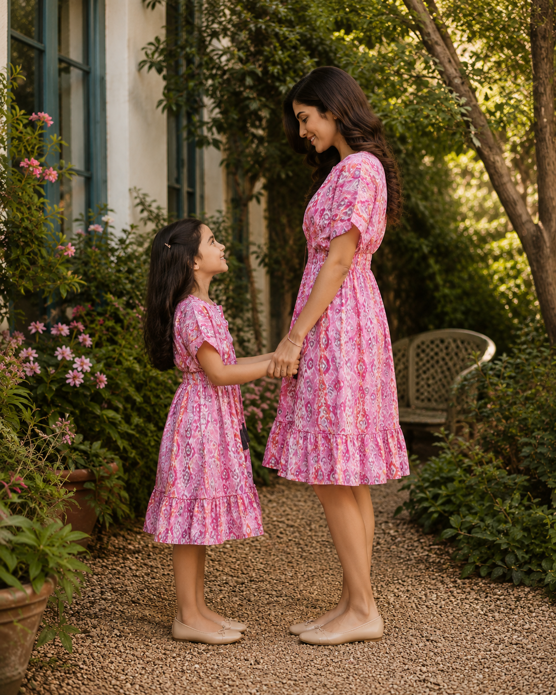 Mom & Daughter Pink Ikat Printed Matching Flared Dress Set with Tassel Tie-Up Detail