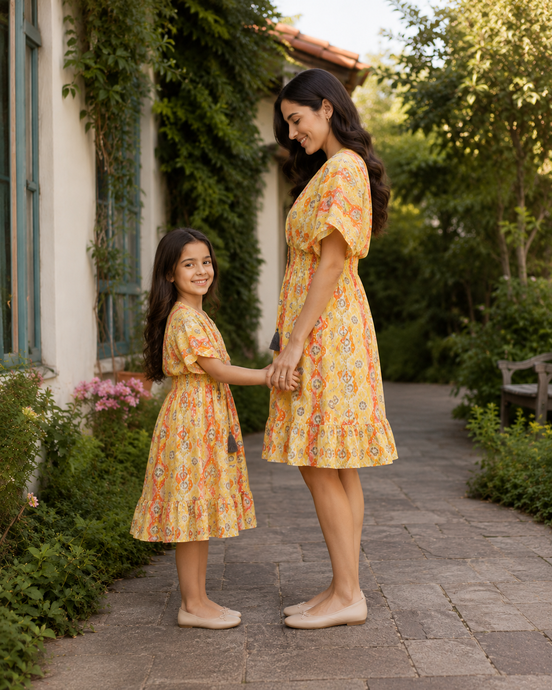 Mom & Daughter Yellow Ethnic Printed Matching Flared Dress Set with Tassel Tie-Up Detail