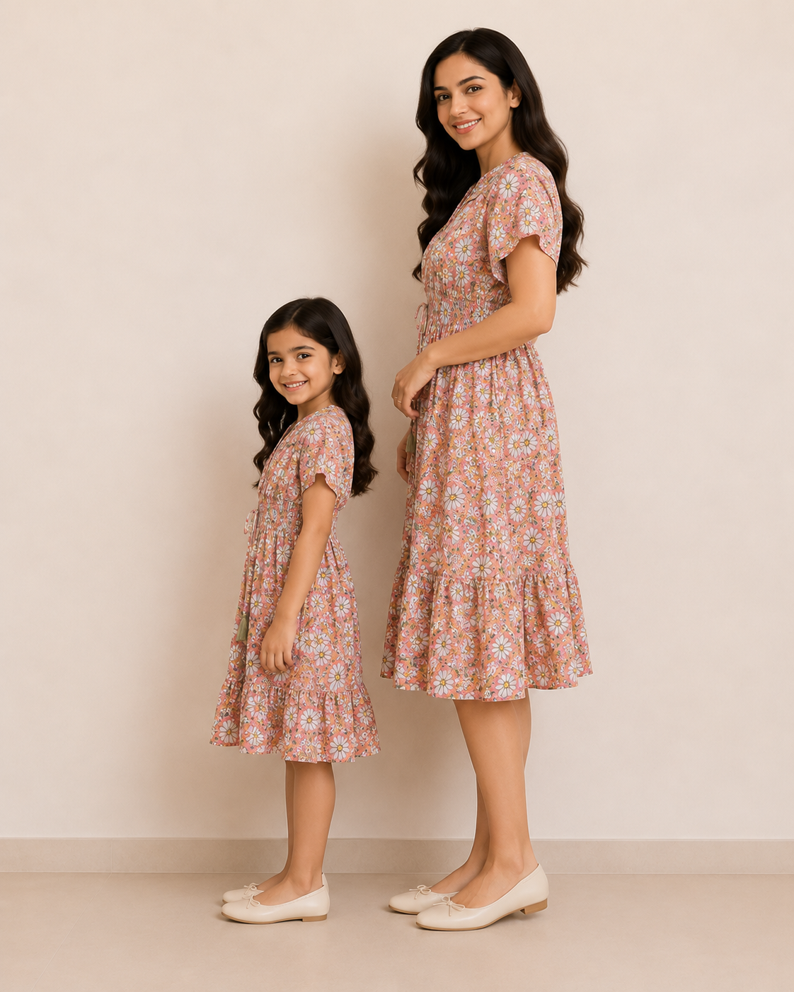 Mom & Daughter Peach Floral Printed Smocked Waist Matching Flared Dress Set with Tassel Tie-Up Detail