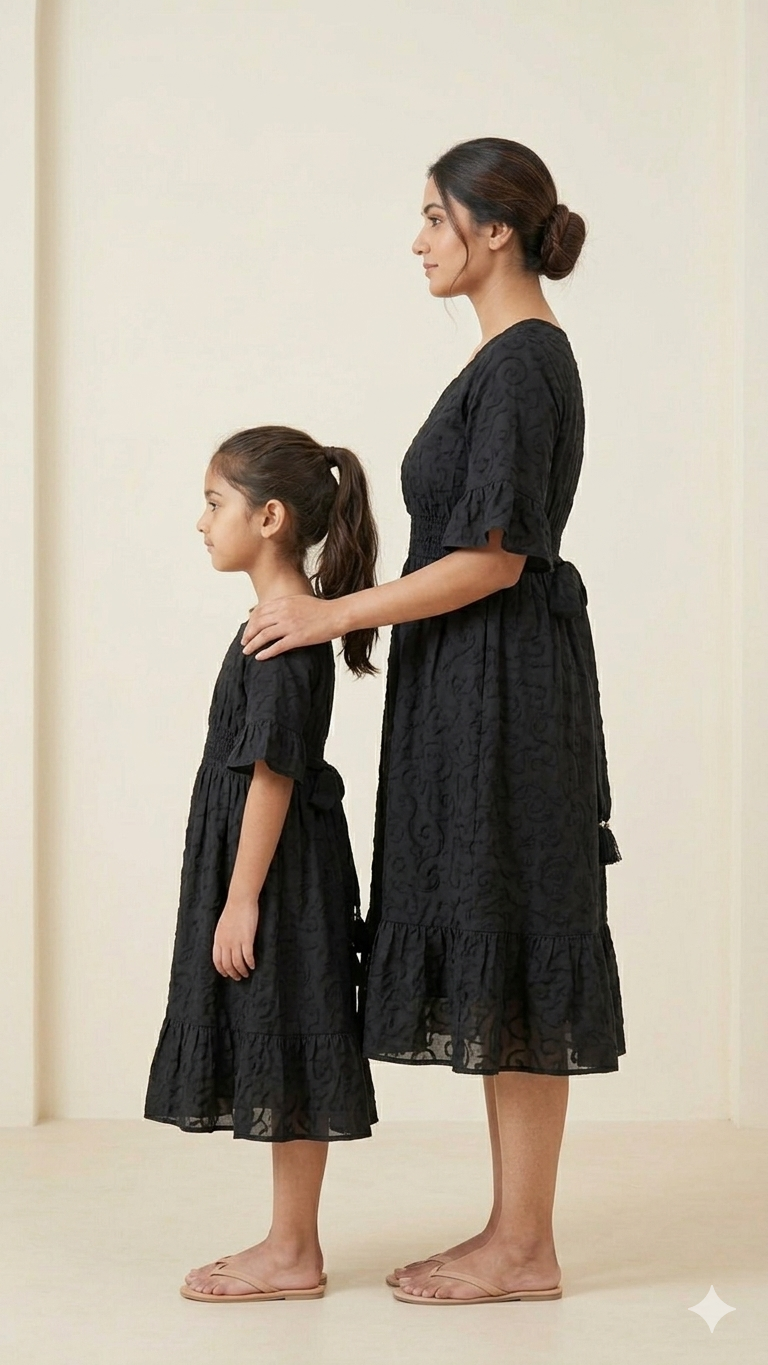 Mom & Daughter Black Embroidered Smocked Waist Matching Midi Dress Set with Tassel Tie-Up Detail