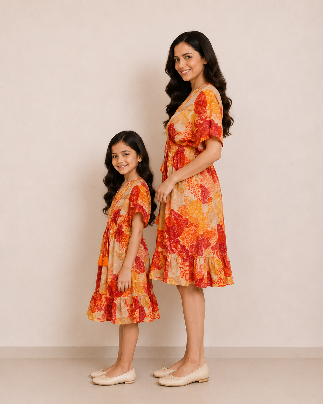 Mom & Daughter Orange Tropical Leaf Printed Matching Flared Dress Set with Tassel Tie-Up Detail