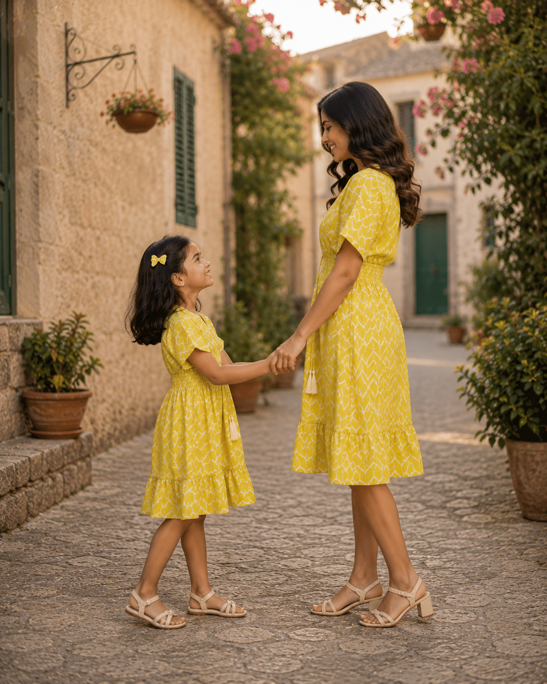 Mom & Daughter Sunshine Yellow Printed Matching Flared Dress Set with Tassel Tie-Up Detail