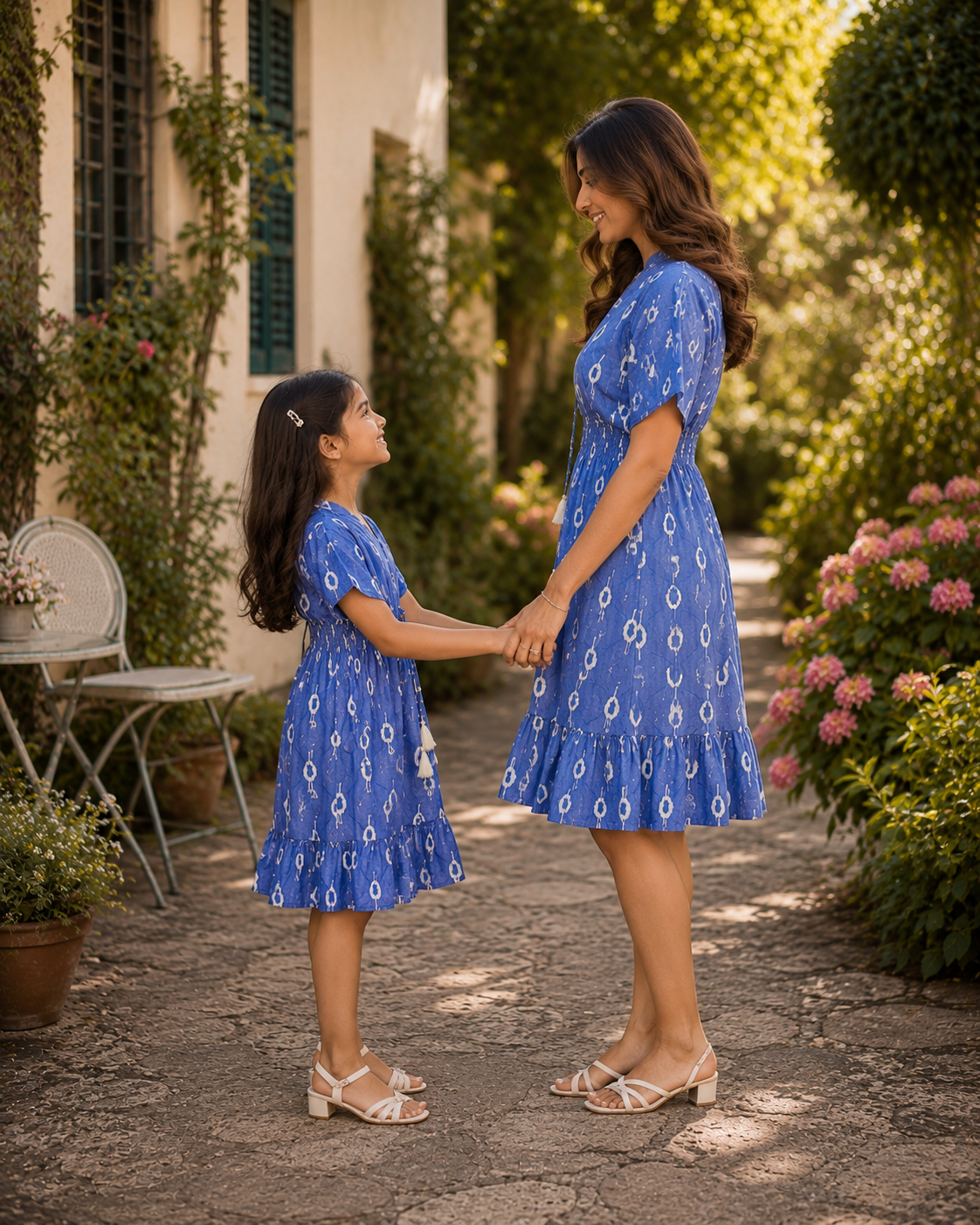Mom & Daughter Blue Ikat Printed Matching Flared Dress Set with Tassel Tie-Up Detail