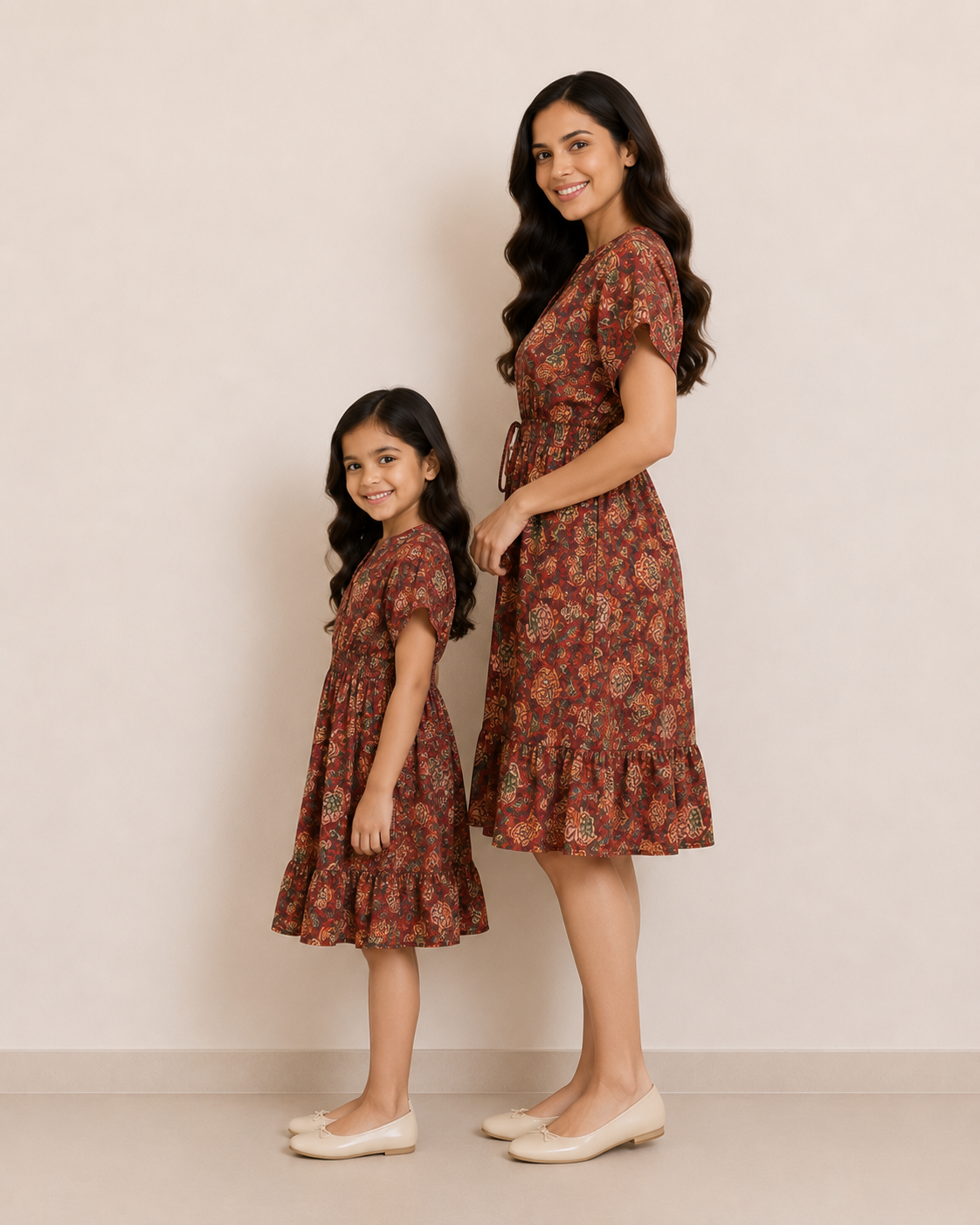 Mom & Daughter Rust Brown Floral Printed Smocked Waist Matching Flared Dress Set