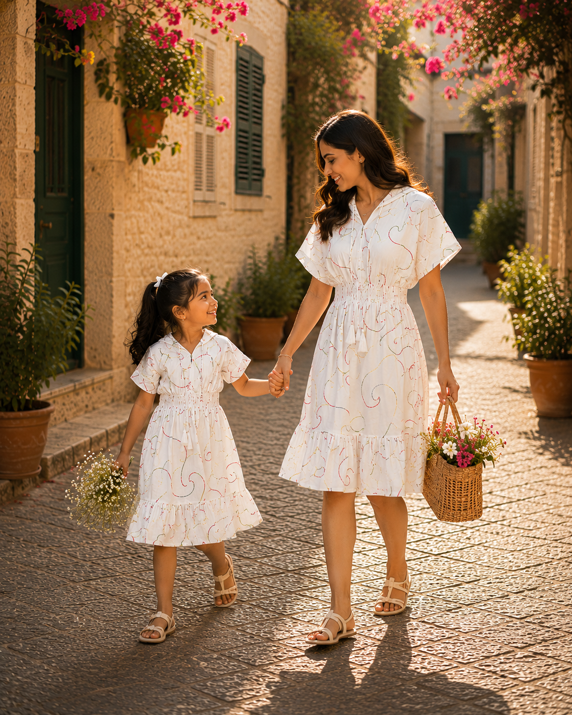 Mom & Daughter White Abstract Swirl Printed Matching Flared Dress Set with Tassel Tie-Up Detail