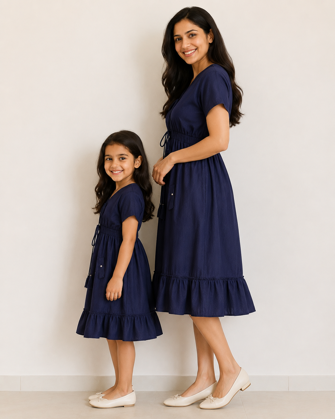 Mom & Daughter Navy Blue Solid Flared Midi Dress Set with Tassel Tie-Up Detail