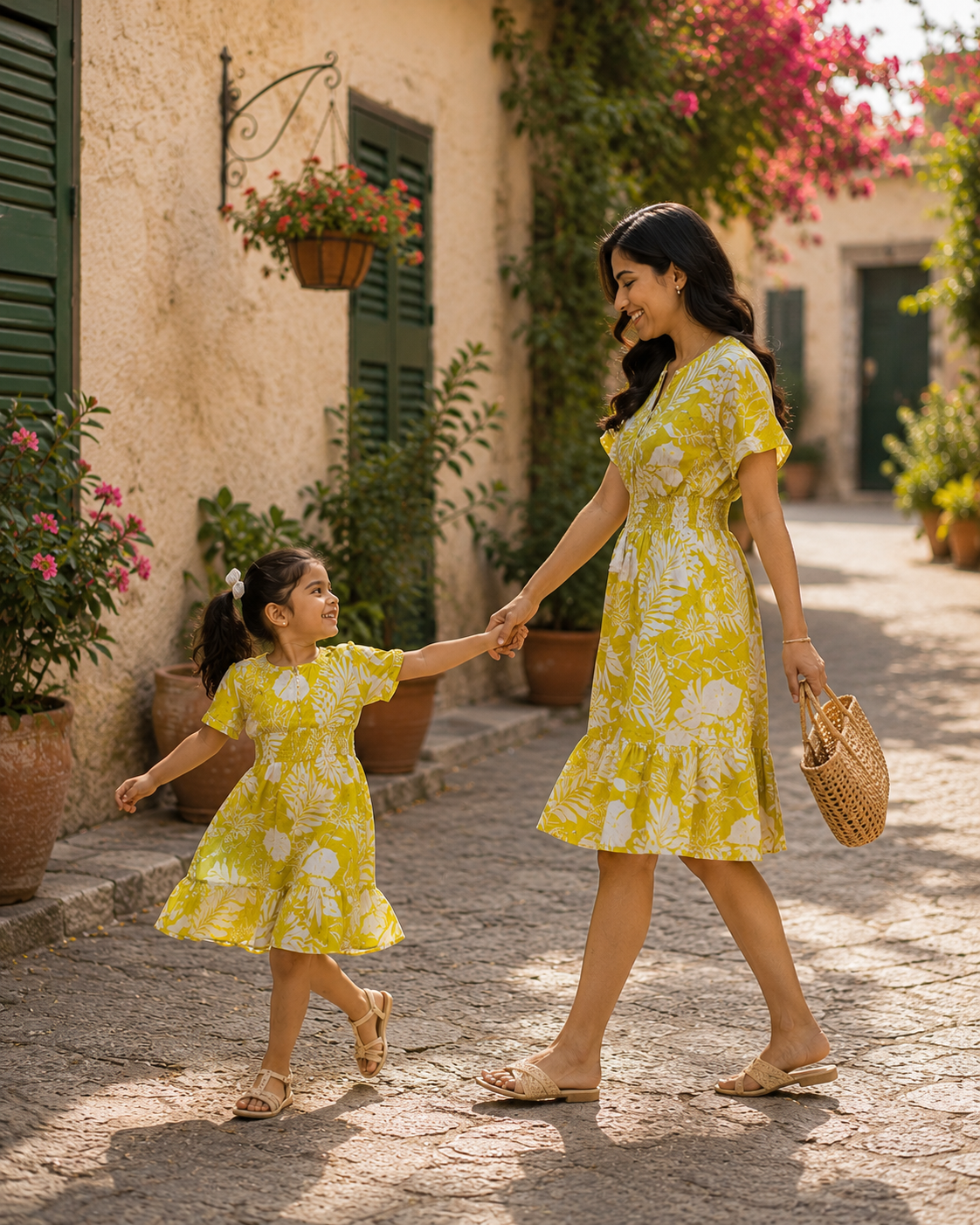 Mom & Daughter Tropical Yellow Floral Printed Matching Flared Dress Set with Tassel Tie-Up Detail