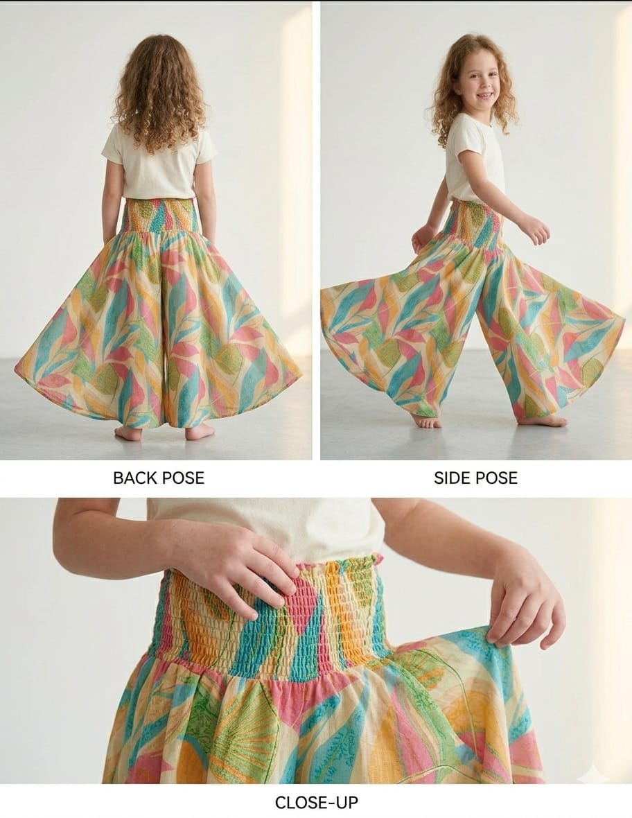Baby Girl Leaf Printed Cotton Flared Palazzo Pants with Smocked Waist