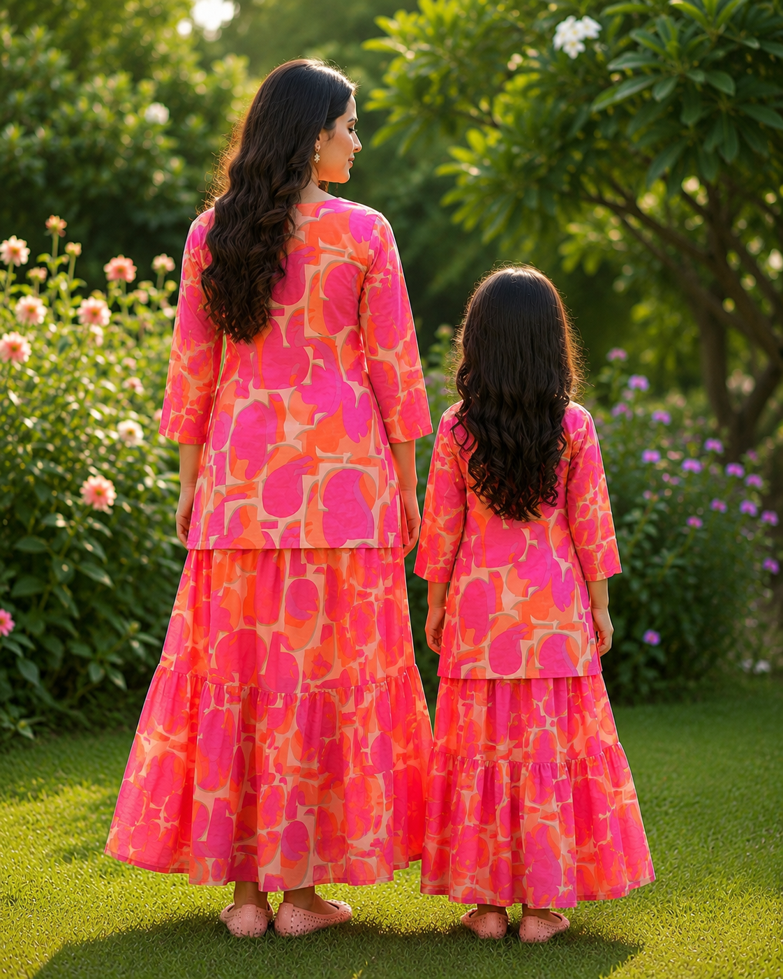 Mom & Daughter Pink & Orange Abstract Printed Kurta & Tiered Skirt Matching Co-ord Set