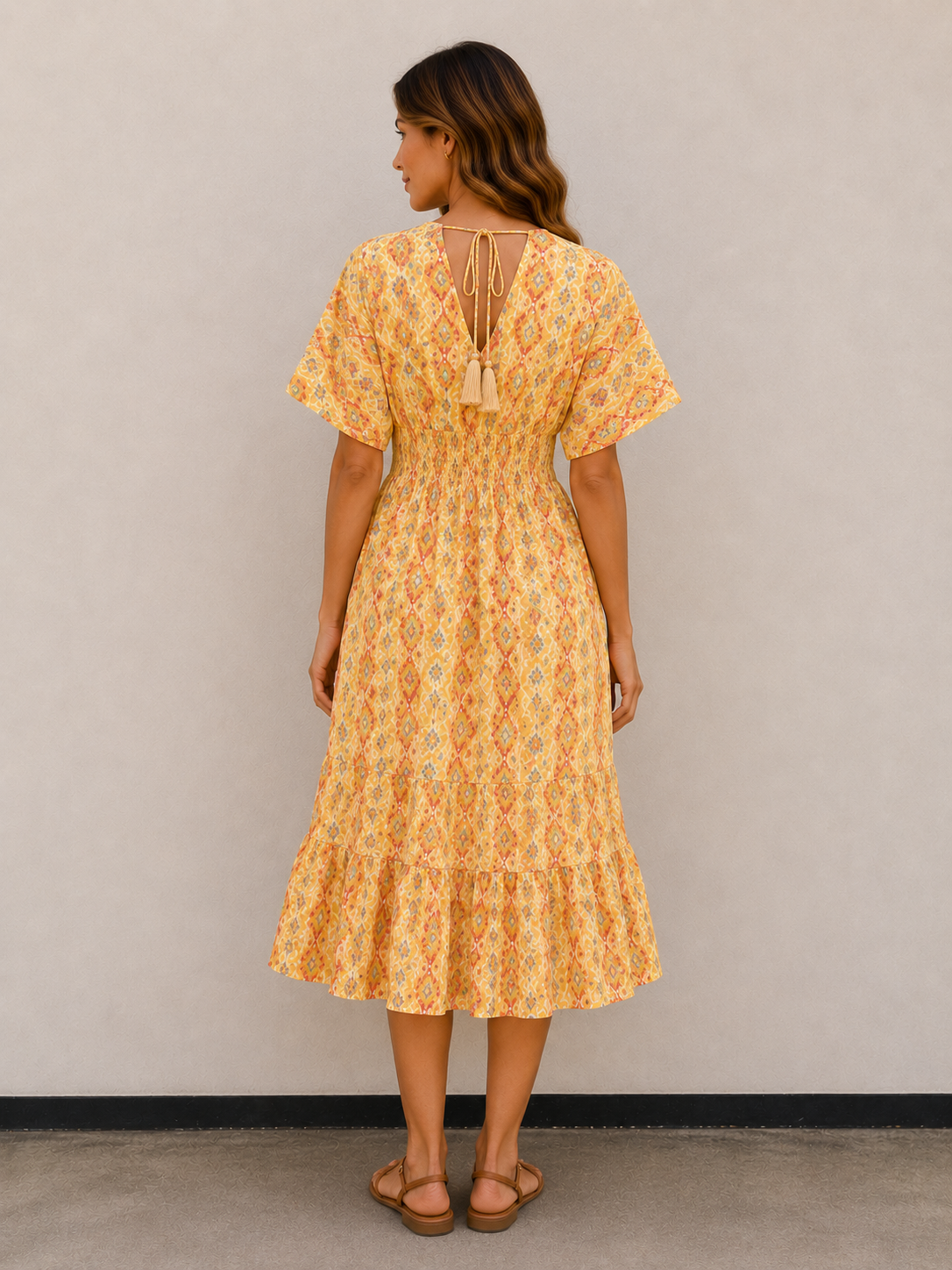 Women’s Yellow Floral Printed Smocked Waist Tiered Flared Midi Dress