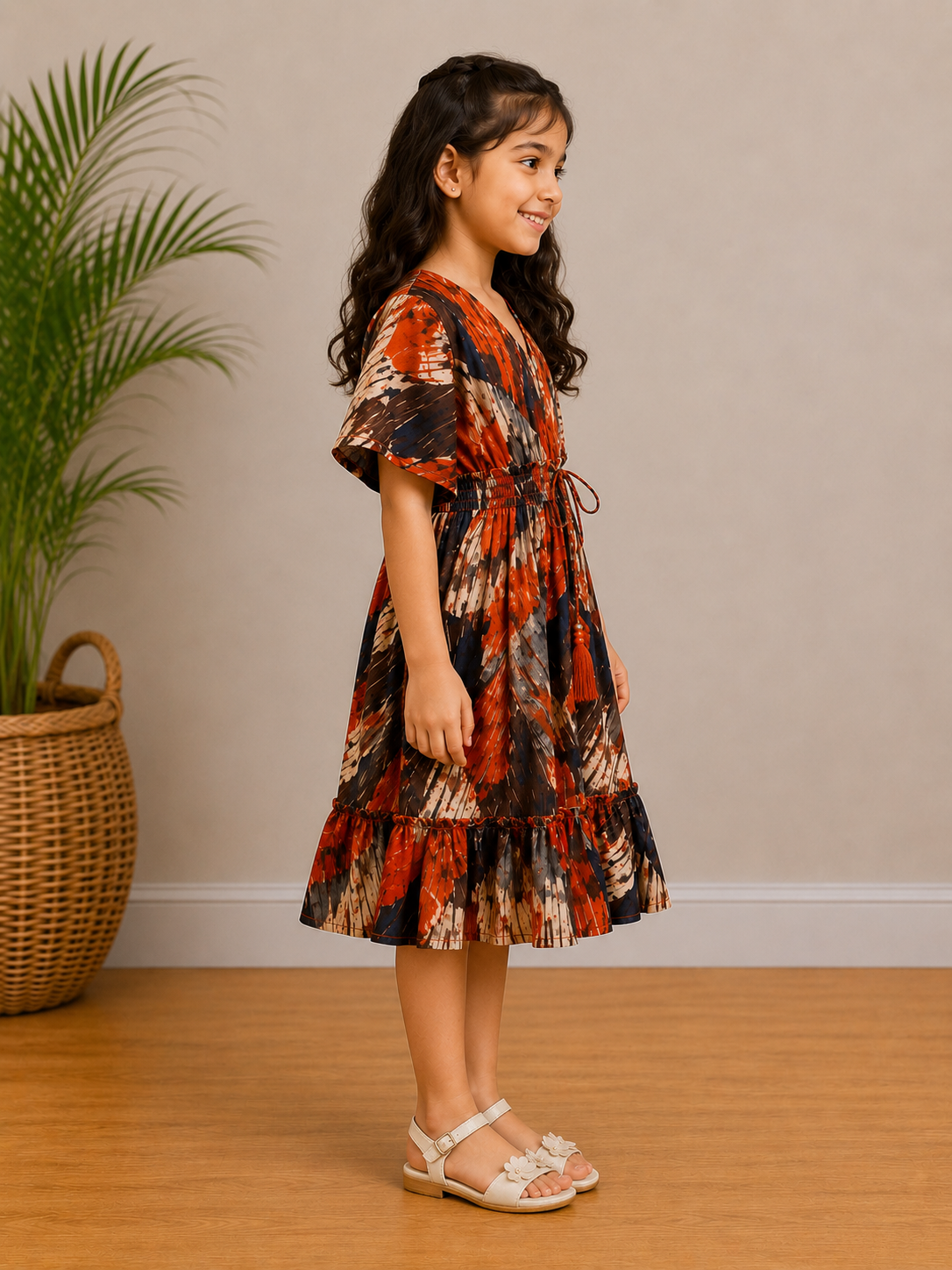 Baby Girls Rust Abstract Printed Smocked Waist Flared Midi Dress