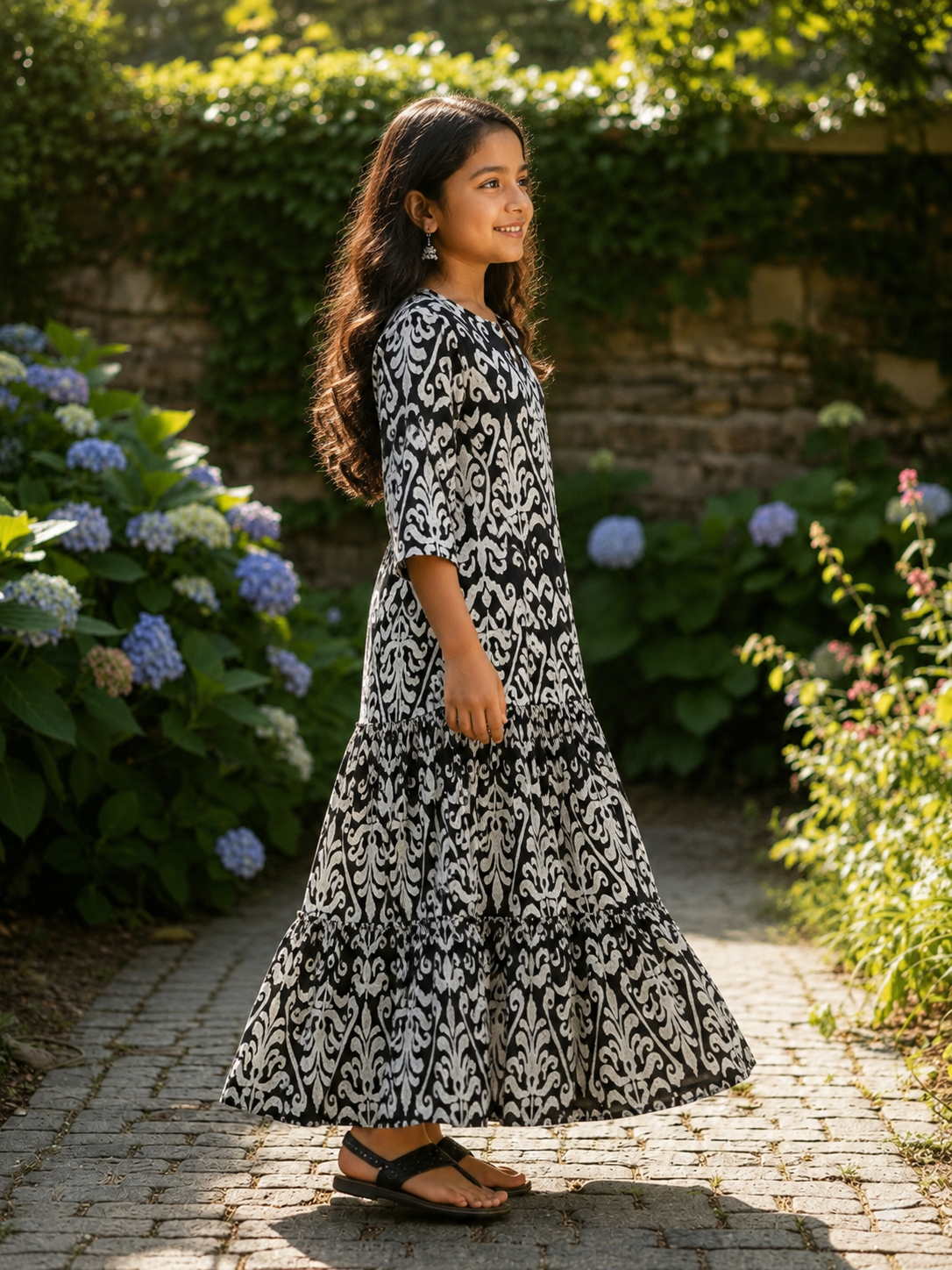 Girl's Black & White Printed Flared Kurta & Tiered Skirt Set