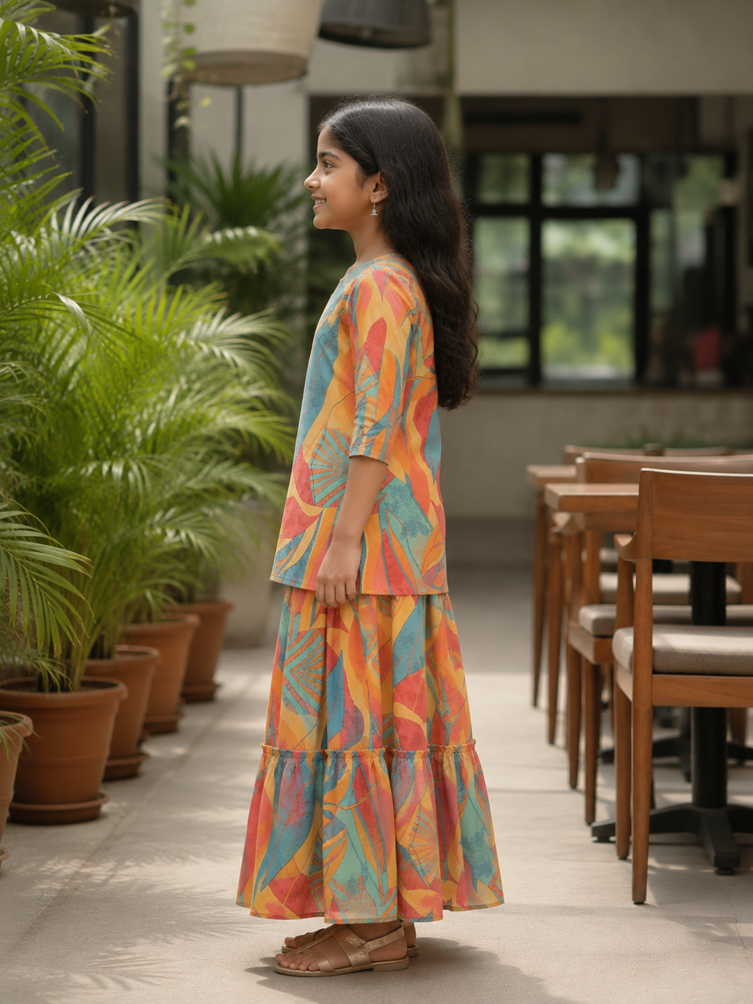 Girl's Multicolor Abstract Printed Kurta with Matching Tiered Flared Skirt Set