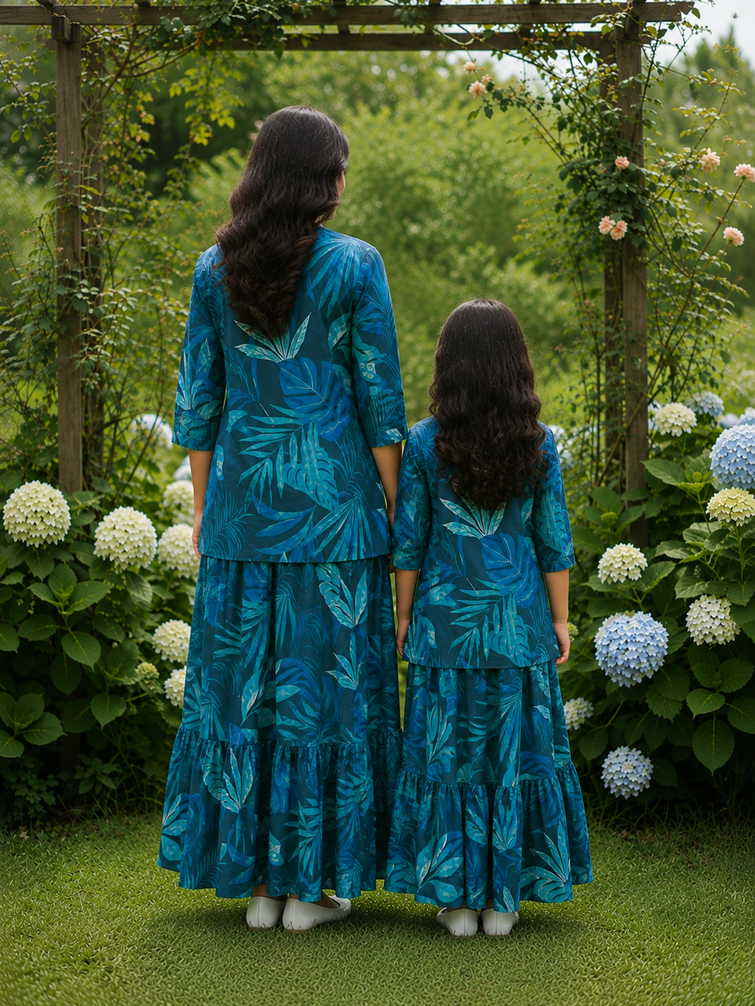 Mom & Daughter Teal Blue Tropical Leaf Printed Kurta & Tiered Skirt Matching Co-ord Set