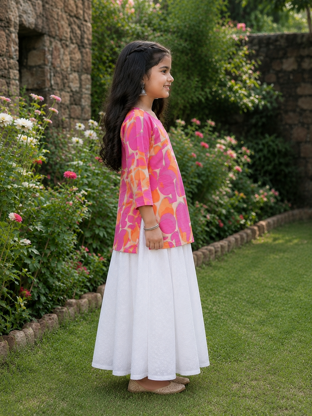 Girl's Pink & Orange Abstract Printed Kurta with White Eyelet Flared Skirt Set