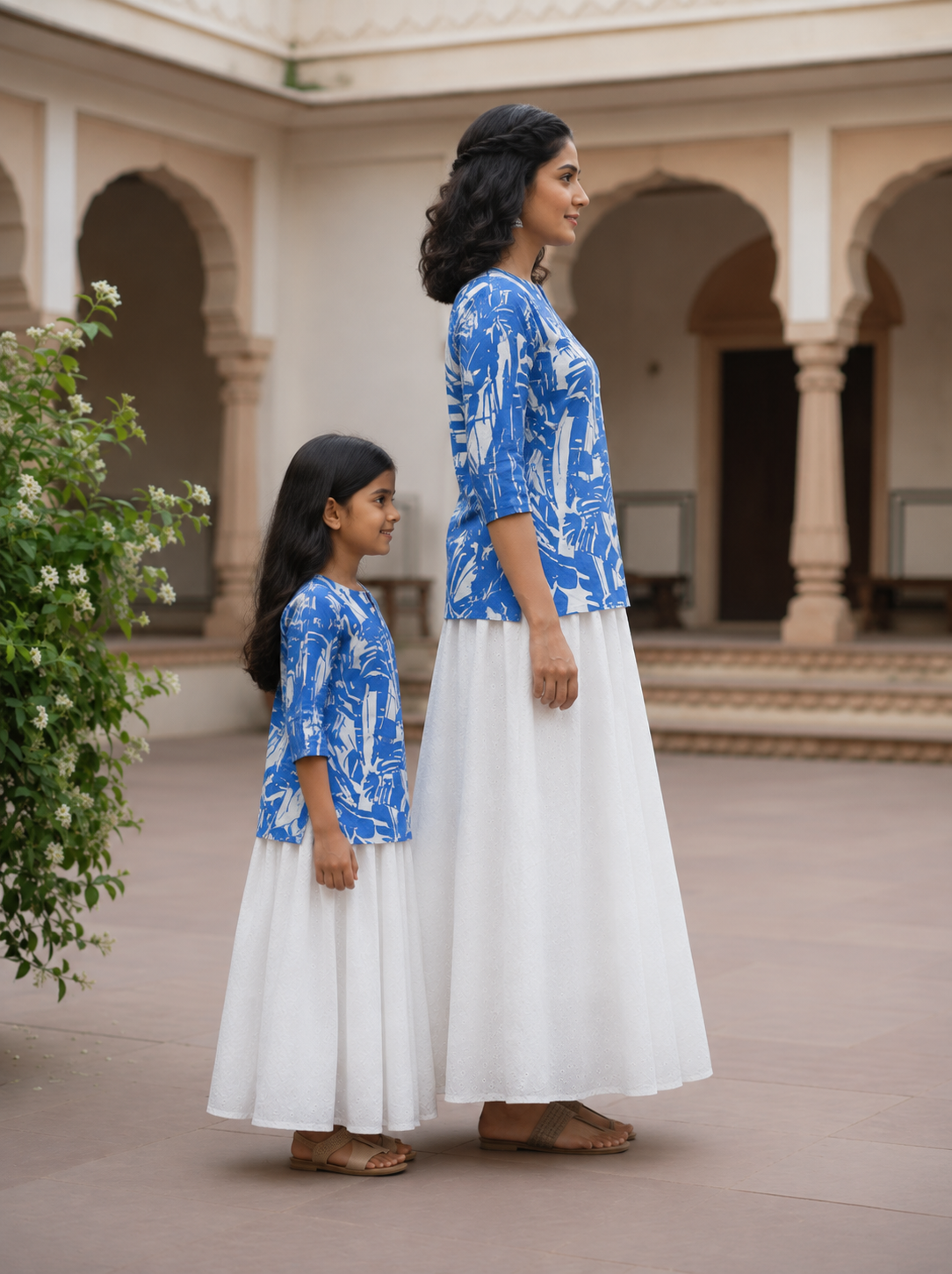 Mom & Daughter Blue Abstract Printed Kurta with White Flared Skirt Set