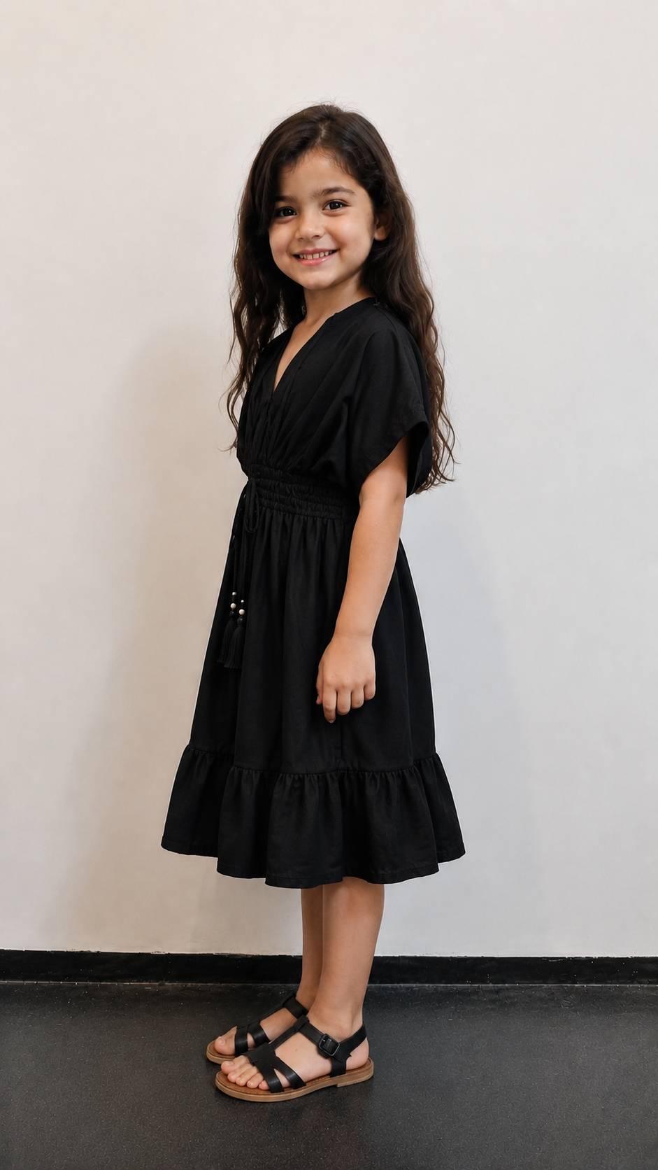 Baby Girls Solid Black Smocked Waist Tassel Tie-Up Flared Dress