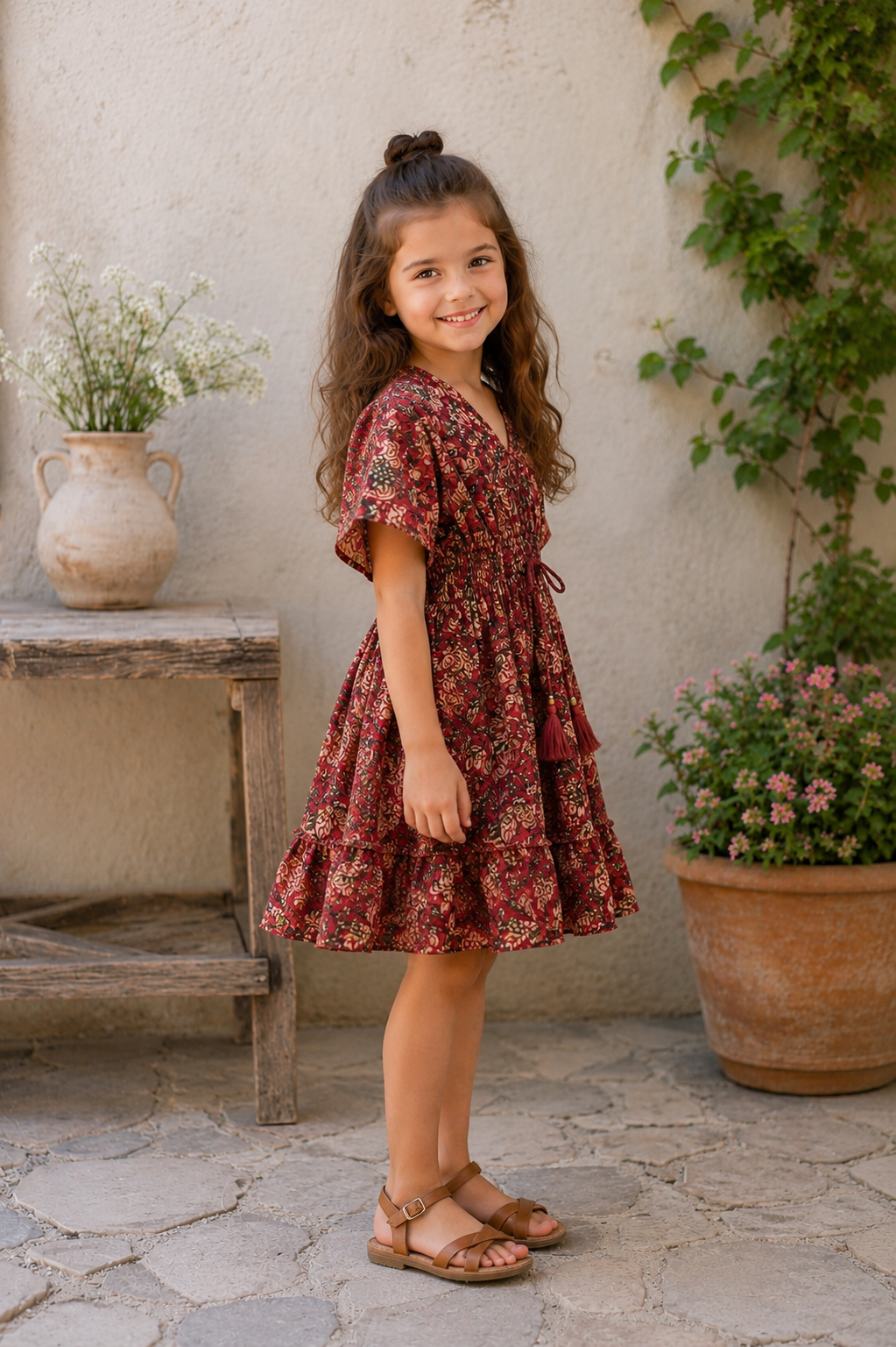 Baby Girls Maroon Floral Printed Smocked Waist Flared Dress