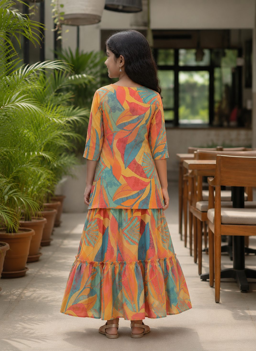 Girl's Multicolor Abstract Printed Kurta with Matching Tiered Flared Skirt Set