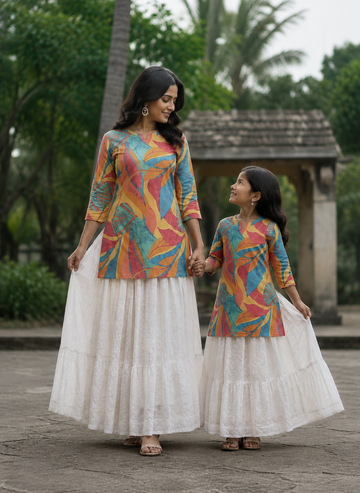 Mom & Daughter Multicolor Printed Kurta with White Tiered Skirt Set