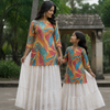 Mom & Daughter Multicolor Printed Kurta with White Tiered Skirt Set