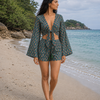 Women’s Teal Green Floral Printed Cotton Beach Wear Set with Bell Sleeve Tie-Up Top & Tassel Shorts