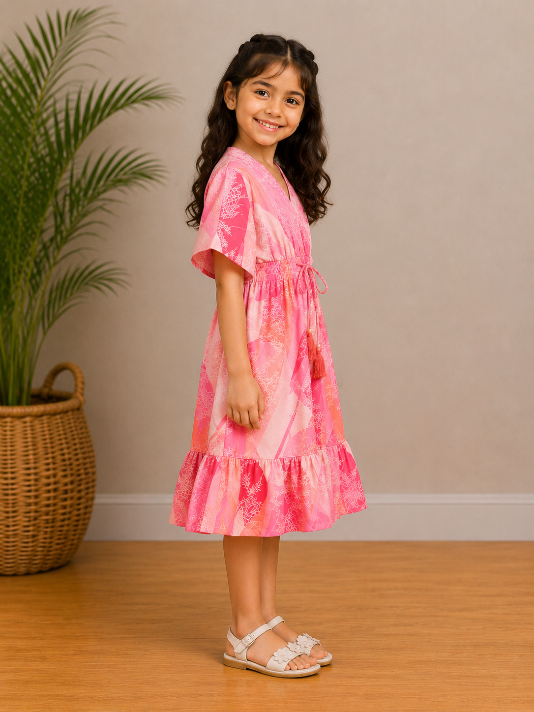 Baby Girls Pink Abstract Printed Tassel Tie-Up Smocked Waist Flared Midi Dress