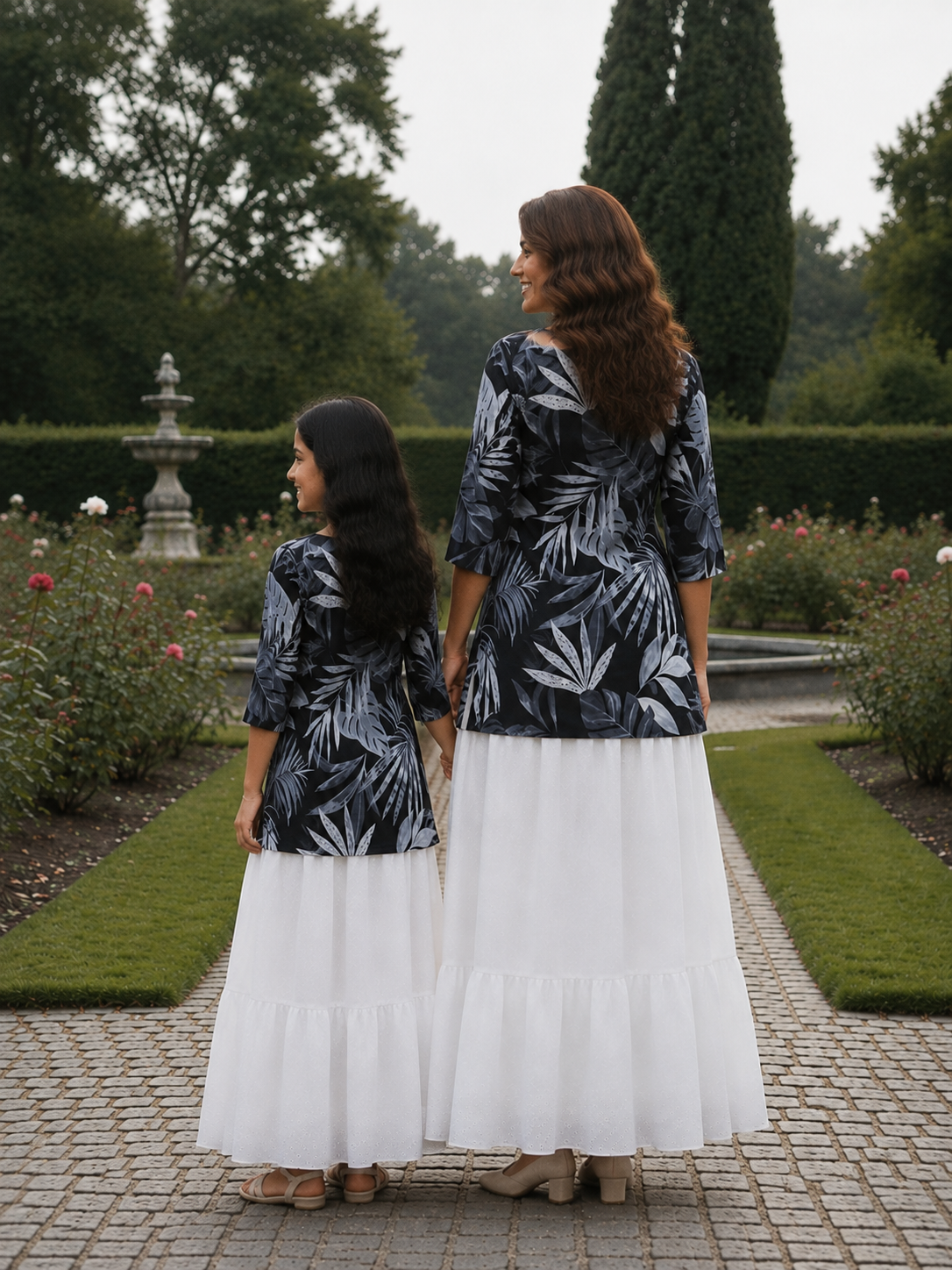 Mom & Daughter Black Leaf Print Kurta with White Tiered Skirt Set