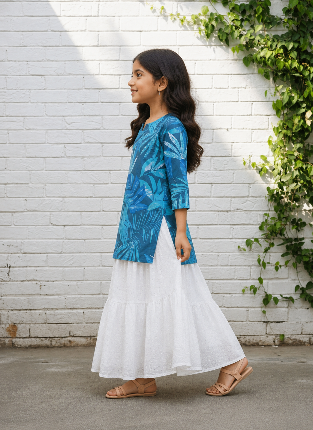 Girl's Blue Tropical Leaf Printed Top with White Eyelet Flared Skirt Set