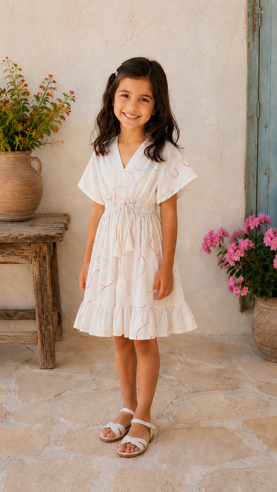 Baby Girls White Abstract Printed Smocked Waist Flared Dress