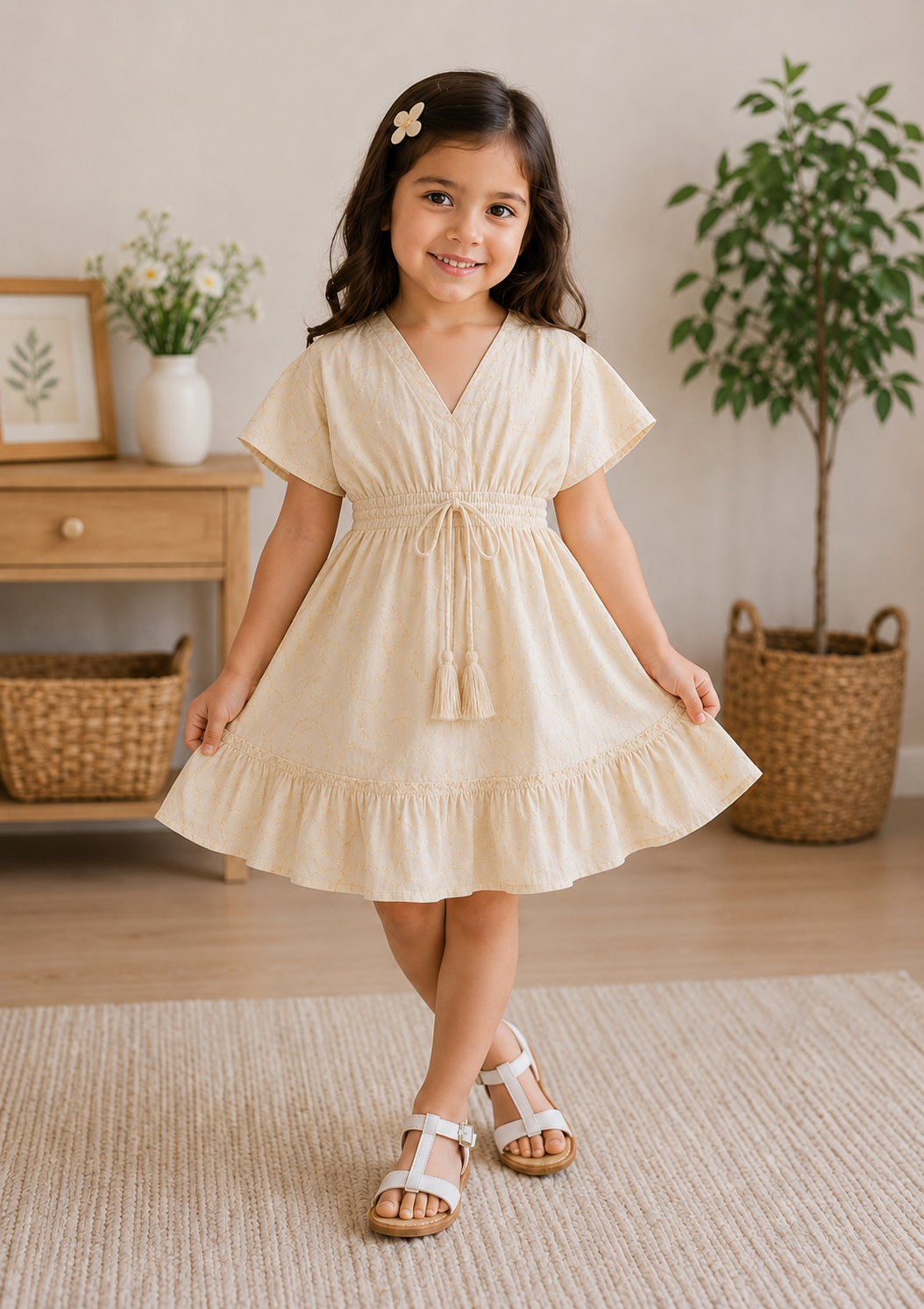Baby Girls Vanilla Cream Smocked Waist Flared Midi Dress