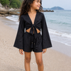 Girl’s Black Textured Cotton Beach Wear Set with Bell Sleeve Tie-Up Top & Tassel Shorts