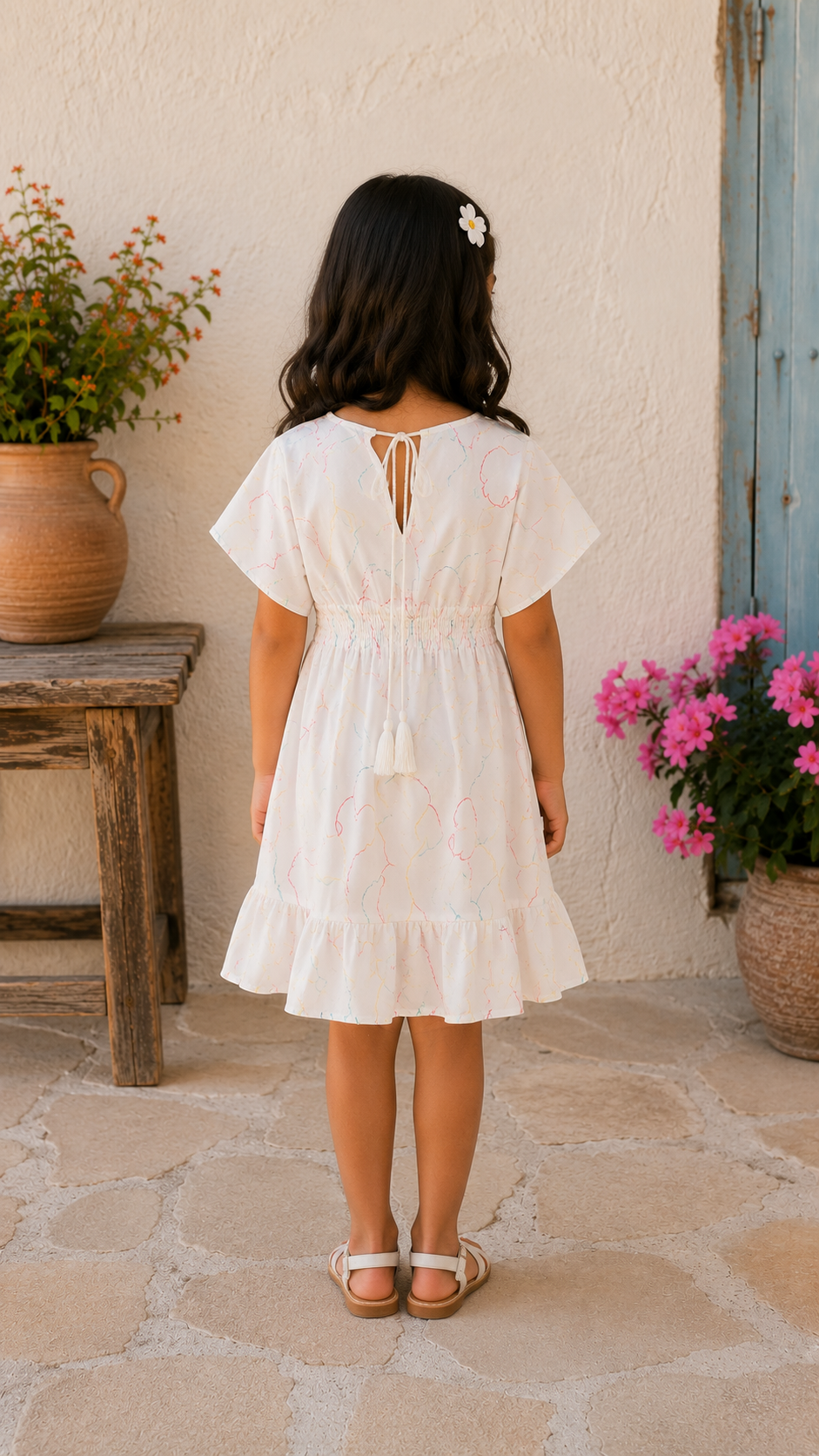 Baby Girls White Abstract Printed Smocked Waist Flared Dress