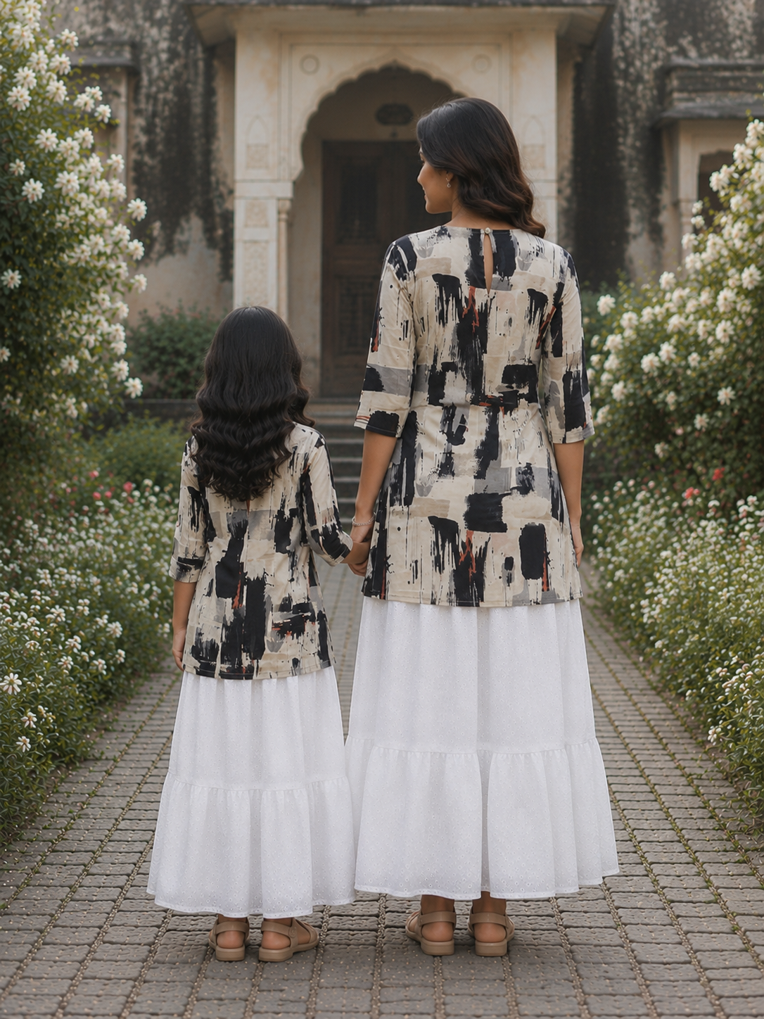 Mom & Daughter Black Abstract Print Kurta with White Tiered Skirt Set