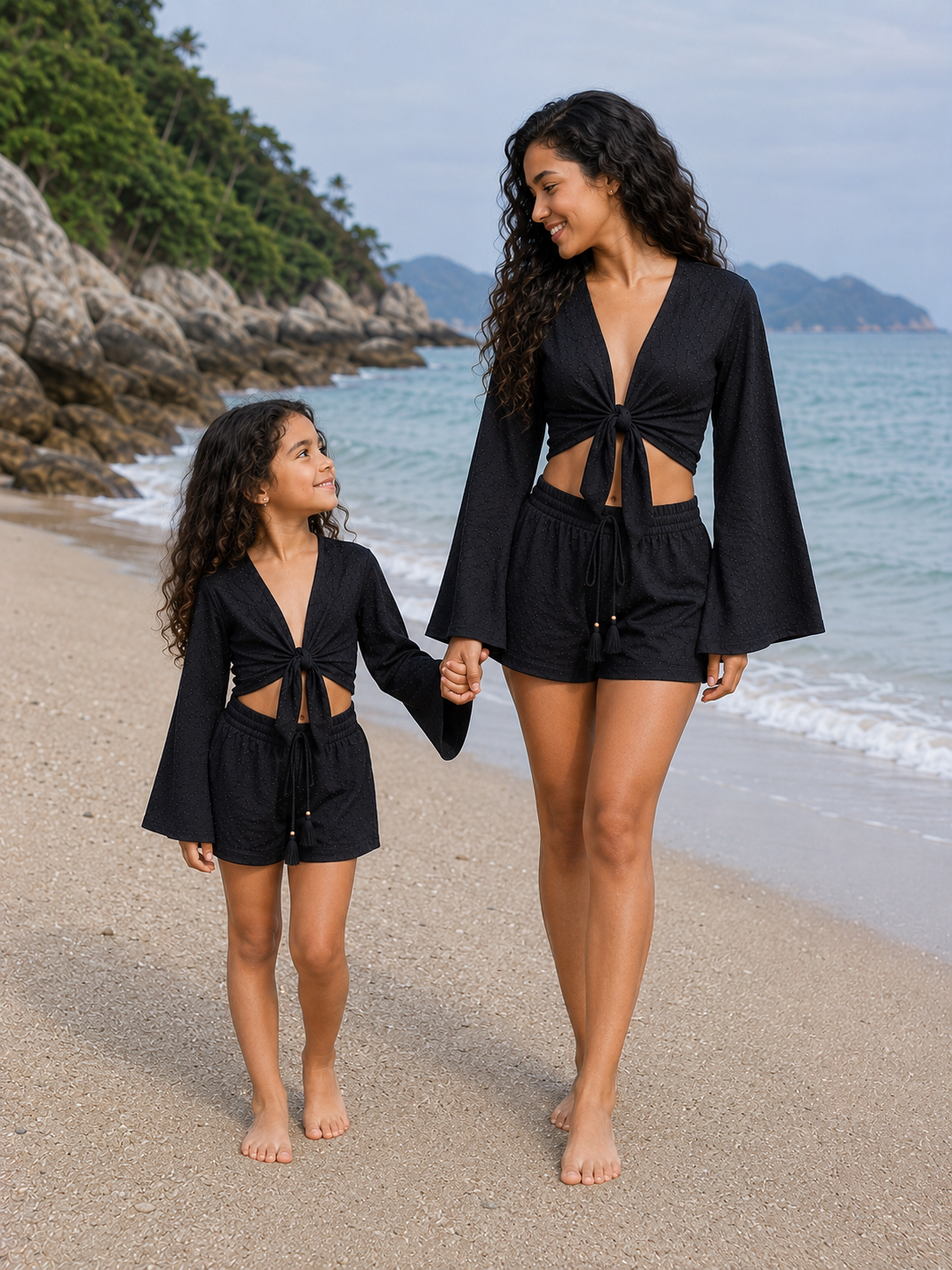Mom & Daughter Black Cotton Beach Wear Set with Bell Sleeve Tie-Up Top & Tassel Shorts