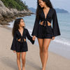 Mom & Daughter Black Cotton Beach Wear Set with Bell Sleeve Tie-Up Top & Tassel Shorts