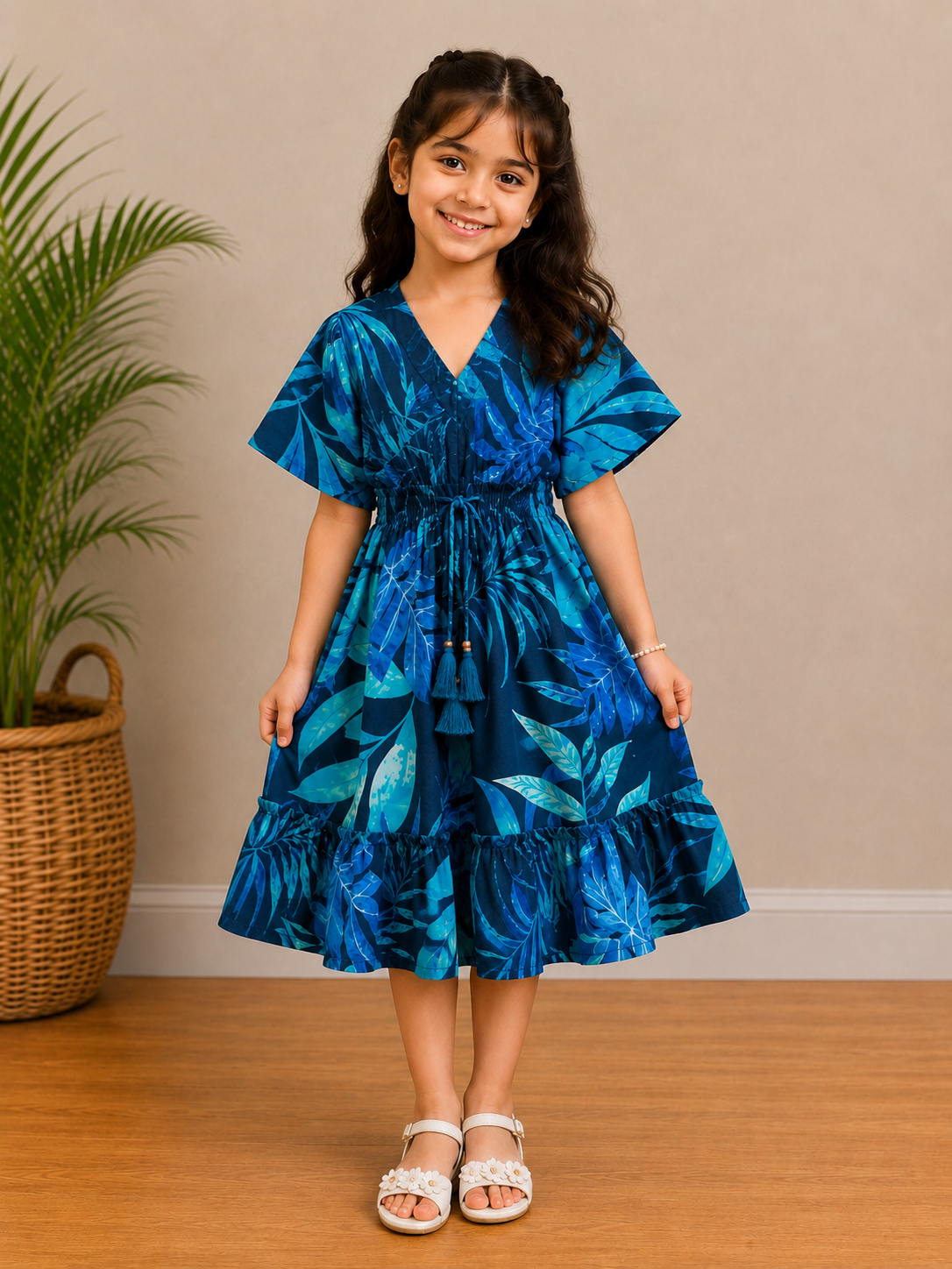 Baby Girls Cotton Blue Tropical Leaf Printed Smocked Waist Midi Dress