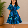 Baby Girls Cotton Blue Tropical Leaf Printed Smocked Waist Midi Dress