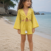 Girl’s Yellow Geometric Printed Cotton Beach Wear Set with Bell Sleeve Tie-Up Top & Tassel Shorts