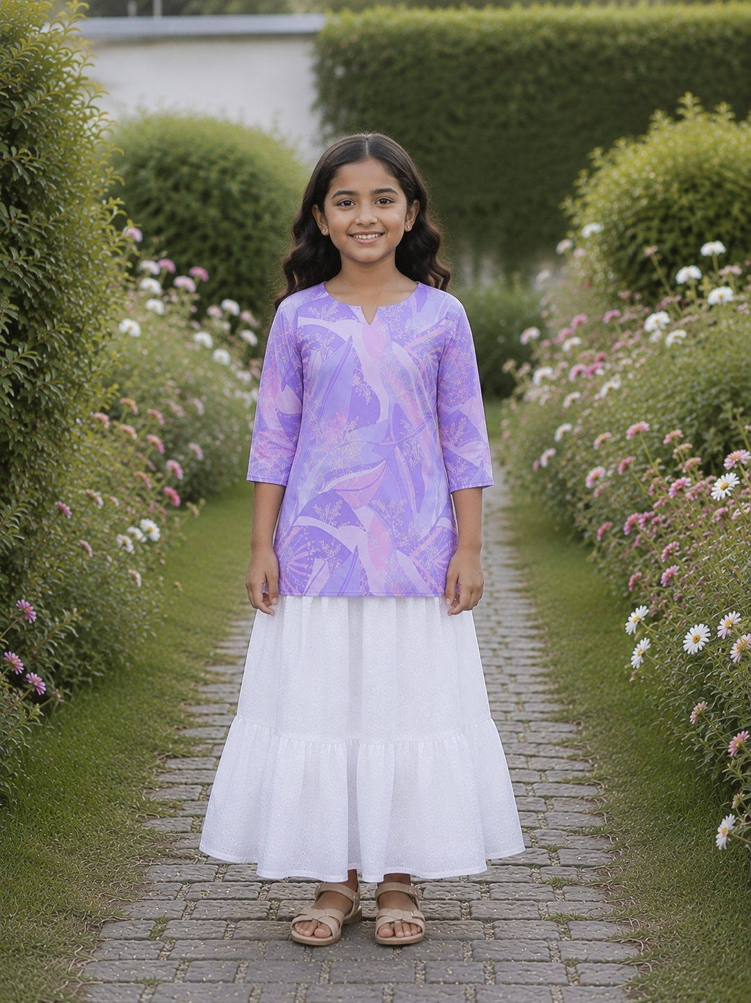 Girl's Lavender Printed Kurta with White Tiered Skirt Ethnic Set