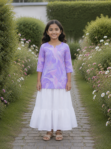 Girl's Lavender Printed Kurta with White Tiered Skirt Ethnic Set