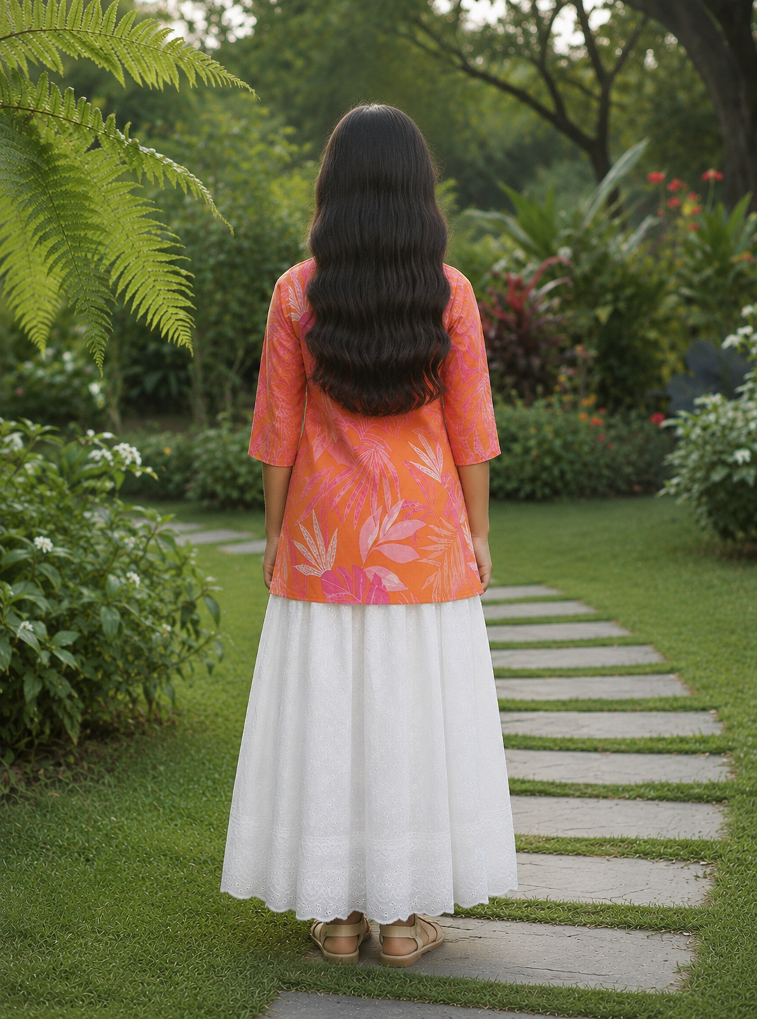 Girl's Peach Orange Floral Printed Kurta with White Flared Skirt Set